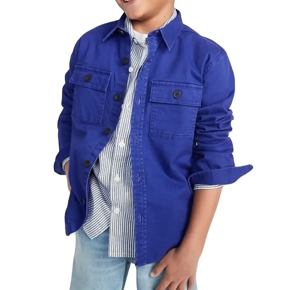 NWT Old Navy Blue Long-Sleeve Utility Pocket Twill Shirt for Boys Size S 6-7